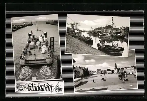 AK Glückstadt / Elbe, Fähre, Hafenbild, Marktplatz