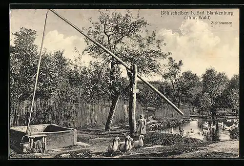 AK Böhlscheiben b. Bad Blankenburg, Mädchen und Gänse am Ziehbrunnen