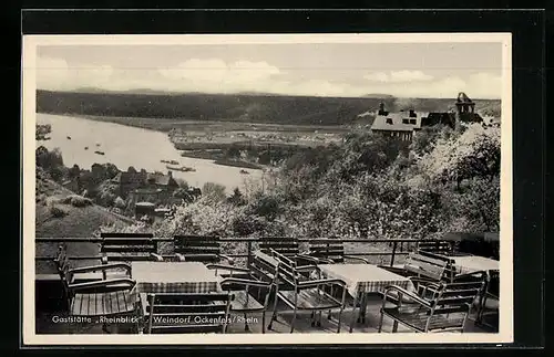 AK Ockenfels / Rhein, Gasthaus Rheinblick, Terrassenblick auf das Weindorf