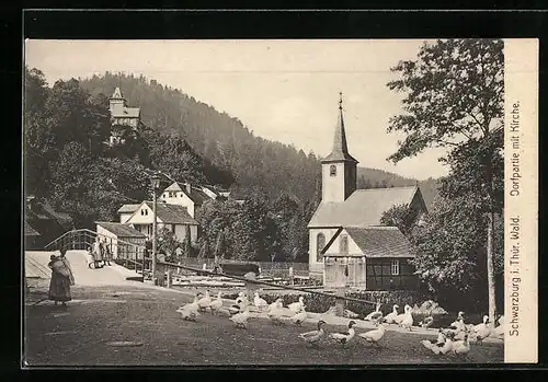 AK Schwarzburg i. Thür. Wald, Dorfpartie mit Kirche