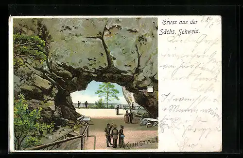 Lithographie Bad Schandau, Gasthaus Kuhstall mit Besuchern am Felsdurchgang