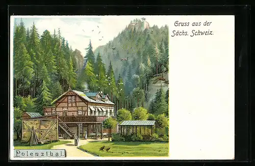 Lithographie Polenzthal / Sächs. Schweiz, Gebäude und Felspartie