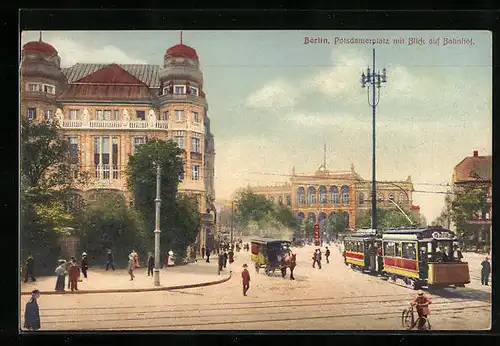 AK Berlin-Tiergarten, Strassenbahnverkehr auf dem Potsdamer Platz, Pferdebahn und Passanten