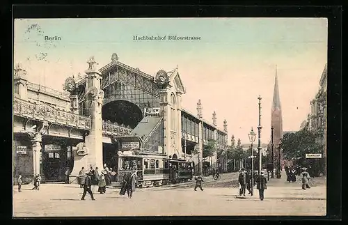 AK Berlin-Schöneberg, Strassenbahnverkehr vor dem Hochbahnhof Bülowstrasse