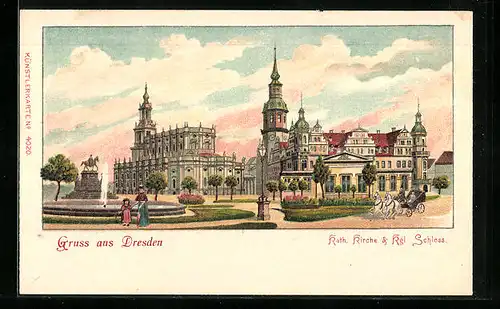 Lithographie Dresden, Kath. Kirche und Kgl. Schloss