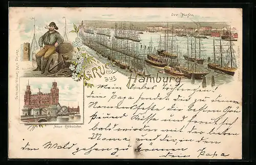 Vorläufer-Lithographie Hamburg-Rothenburgsort, 1893, Hafenbild, Fischer, neue Elbbrücke