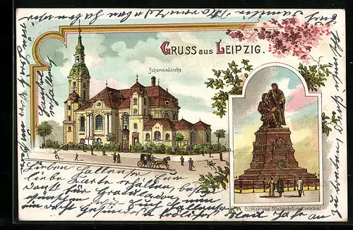 Lithographie Leipzig, Johanniskirche, Luther- und Melanchthon-Denkmal