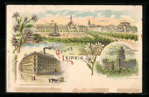 Lithographie Leipzig, Geschäftshaus Nord-Strasse, Pleisenburg, Augustus-Platz
