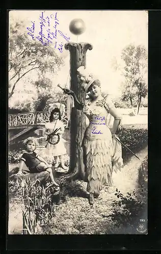 AK Buchstabe I mit Mutter und beiden Kindern am Flussufer