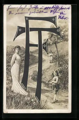 AK Buchstaben F und T mit Frau und Kindern am Feldweg
