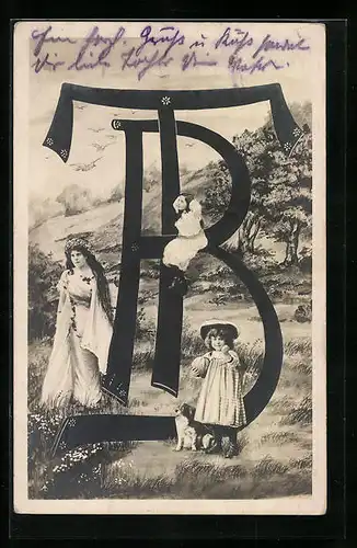 AK Buchstaben T und B mit Fräulein, Kindern und Hund