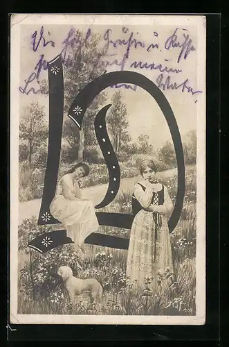 AK Buchstaben L und D mit zwei Frauen im Gras