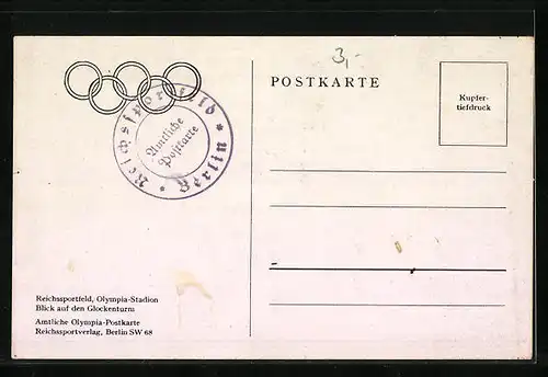 AK Berlin, Olympiade 1936, Reichssportfeld, Olympia-Stadion mit Blick auf Glockenturm