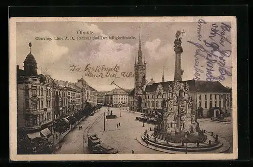 AK Olmütz, Oberring, Linie A. B., Rathaus und Dreifaltigkeitssäule, Strassenbahn