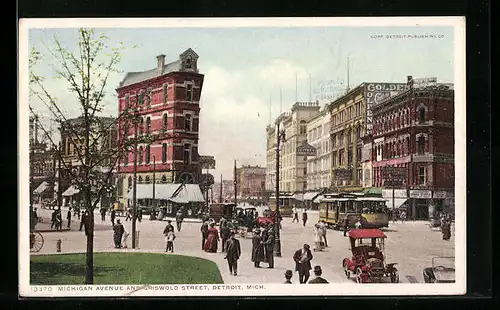 AK Detroit, Michigan Avenue, Andegriswold Street, Strassenbahn