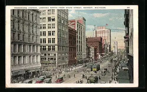 AK Detroit, Woodward Avenue, Looking North from State Street, Strassenbahn