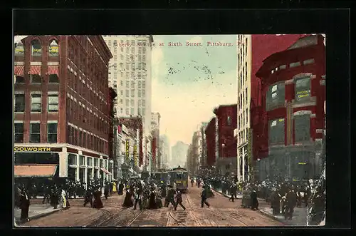 AK Pittsburg, Liberty Avenue at Sixth Street, Strassenbahn