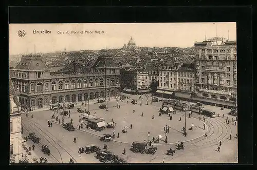 AK Bruxelles, Gare du Nord et Place Rogier, Strassenbahn