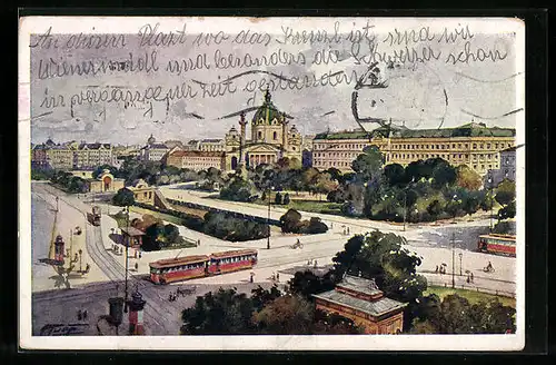 Künstler-AK Wien, Der Karlsplatz mit Strassenbahnen aus der Vogelschau