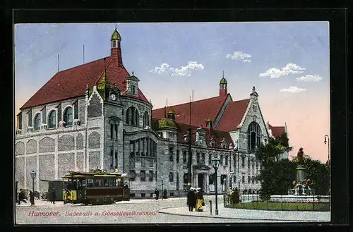 AK Hannover, Badehalle u. Gänselieselbrunnen m. Strassenbahn
