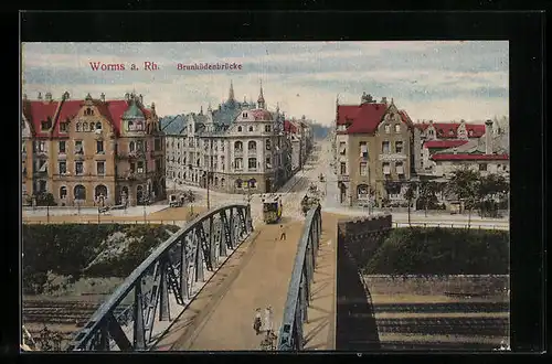 AK Worms a. Rh., Brunhildenbrücke, Strassenbahn