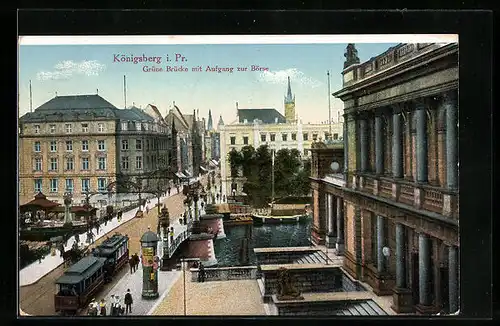 AK Königsberg i. Pr., Grüne Brücke mit Aufgang zur Börse u. Strassenbahn