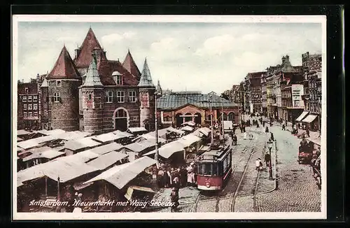 AK Amsterdam, Nieuwmarkt met Waag-Gebouw, Strassenbahn