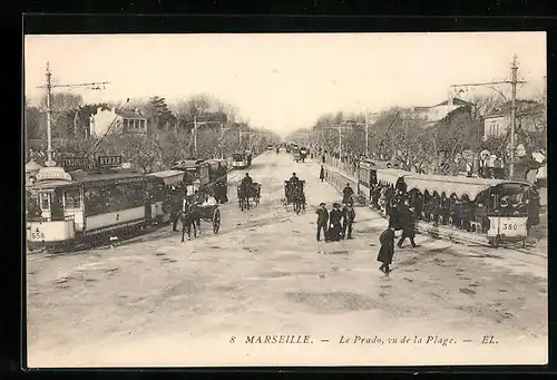 AK Marseille, Le Prado, vu de la Plage, Strassenbahn