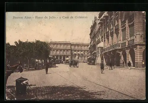AK Buenos Aires, Paseo de Julio, y Casa de Gobierno, Strassenbahn