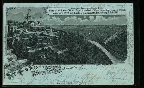 Lithographie Remscheid, Gruss vom Schloss Küppelstein, Deutschlands höchste Brücke