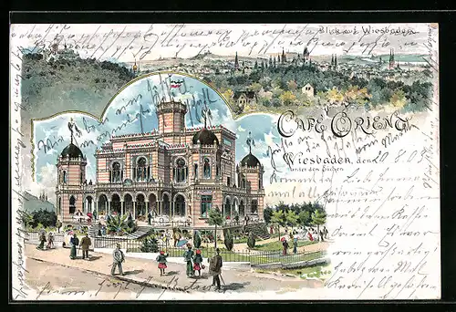 Lithographie Wiesbaden, Cafe Orient und Blick auf die Stadt