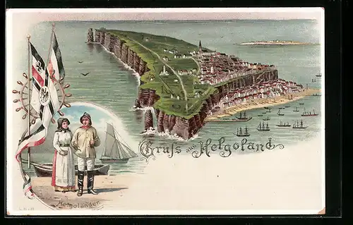 Lithographie Helgoland, Ortsansicht aus der Vogelschau, Helgoländer und Fahnen