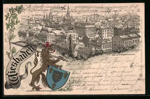 Lithographie Wiesbaden, Totalansicht mit Löwen und Wappen