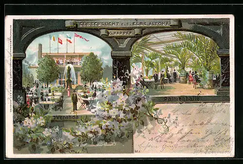 Lithographie Hamburg-Altona, Gastwirtschaft Elbschlucht a. d. Elbe von G. Harrer, Palmenhalle und Veranda