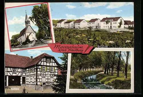 AK Massenheim, Kirche, Rathaus, Ortspartie und Bachpartie