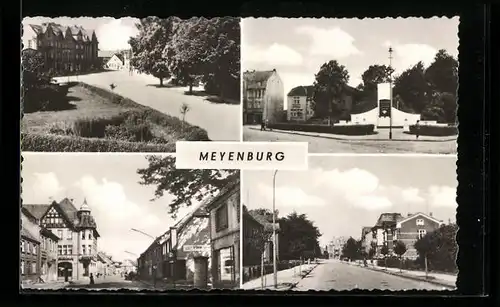 AK Meyenburg, Ortspartie, Strassenpartie und Denkmal