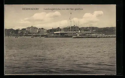 AK Heringsdorf / Usedom, Landungsbrücke von der See gesehen