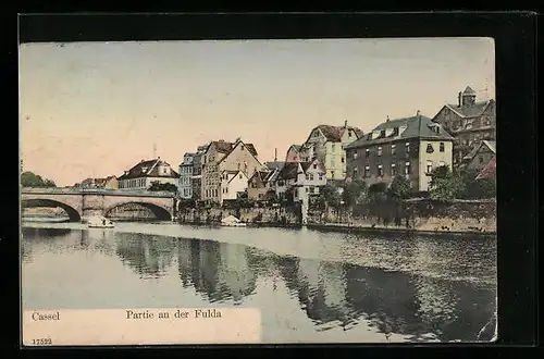 AK Kassel, Ortspartie mit Fulda und Brücke