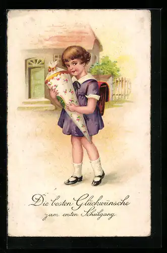 AK Glückwünsche zum ersten Schulgang, Mädchen mit Zuckertüte