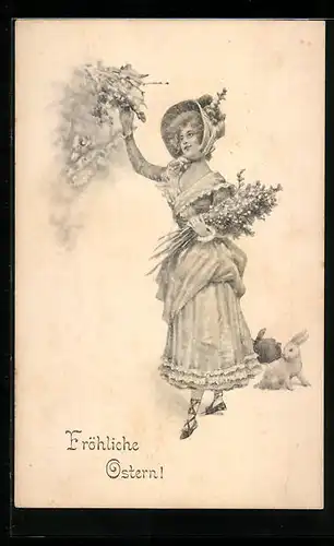 AK Dame im Kleid mit Osterhasen