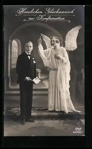 AK Schutzengel mit Jungen zur Konfirmation