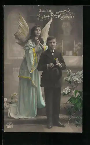 AK Betender Schutzengel mit Jungen zur Konfirmation