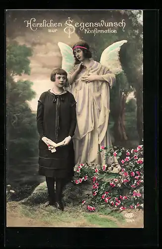 AK Junge Konfirmandin mit Schutzengel