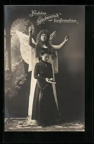 AK Glückwunsch zur Konfirmation, Schutzengel und junge Dame