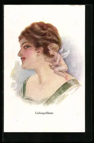 AK Amor flüstert Dame etwas ins Ohr, Liebesgeflüster