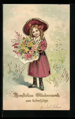 AK Mädchen mit Blumen zum Geburtstag