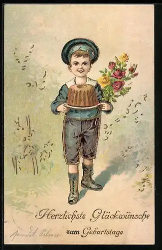 AK Junge mit Kuchen und Blumen zum Geburtstag