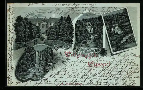Mondschein-Lithographie Kassel-Wilhelmshöhe, Neuer Wasserfall, Teufelsbrücke und Aquädukt