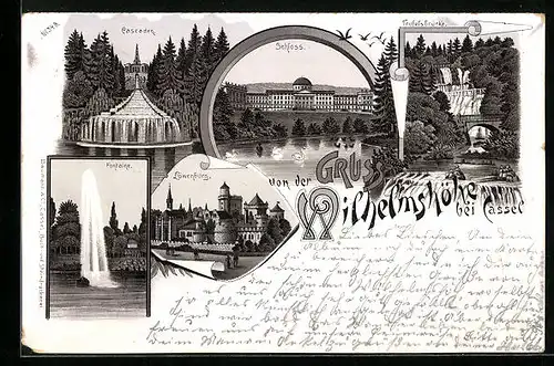 Lithographie Kassel-Wilhelmshöhe, Cascaden, Fontäne, Schloss und Teufelsbrücke