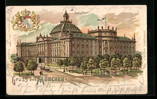 Lithographie München, Justiz-Palast, Wappen